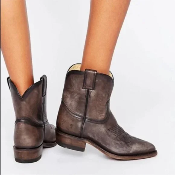 $369 Frye Billy Short Pull On Brown Leather Southern Cowgirl Cowboy Ankle Bootie - Picture 9 of 16